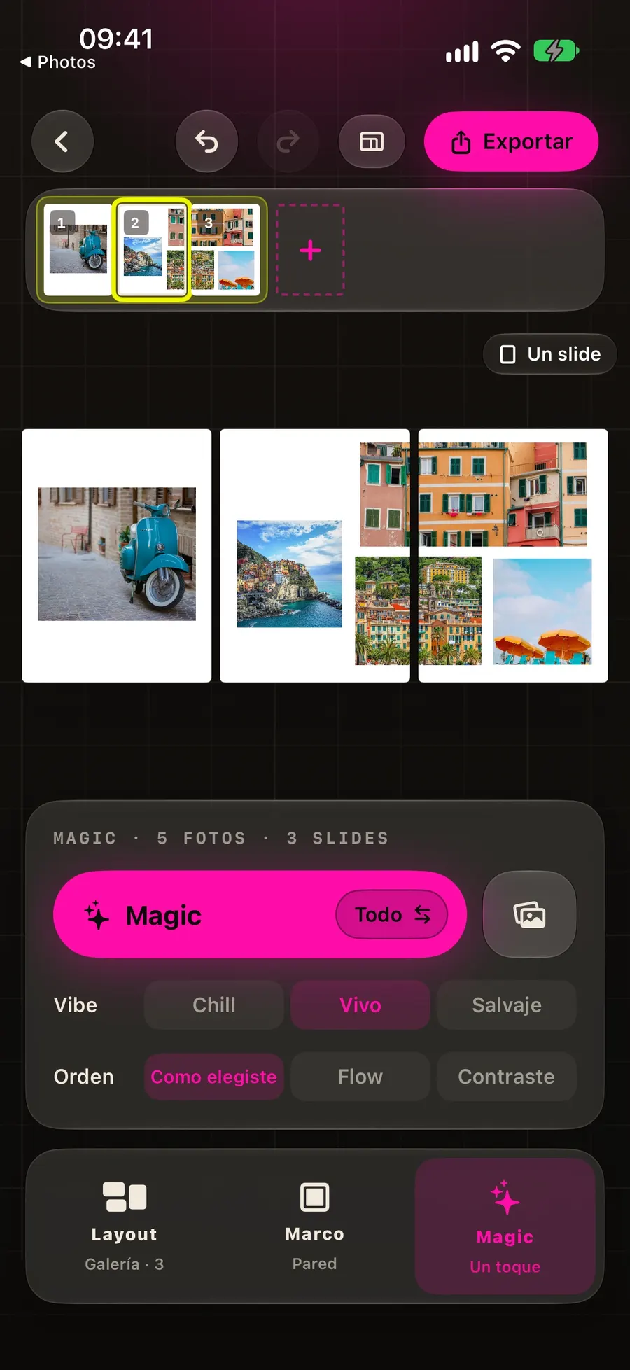 El panel de Magic en GridMakr: el botón Magic, Vibe de chill a salvaje, Orden como elegiste, por flow o por contraste, sobre las pestañas Layout, Marco y Magic